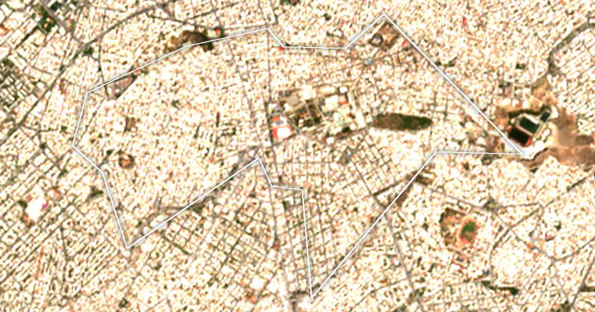 Image satellite avec la limite tracée: Dáfni-Ymittós