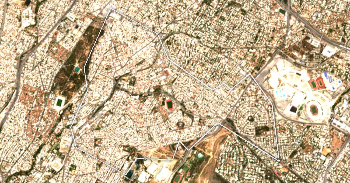 Image satellite avec la limite tracée: Néa Ionía
