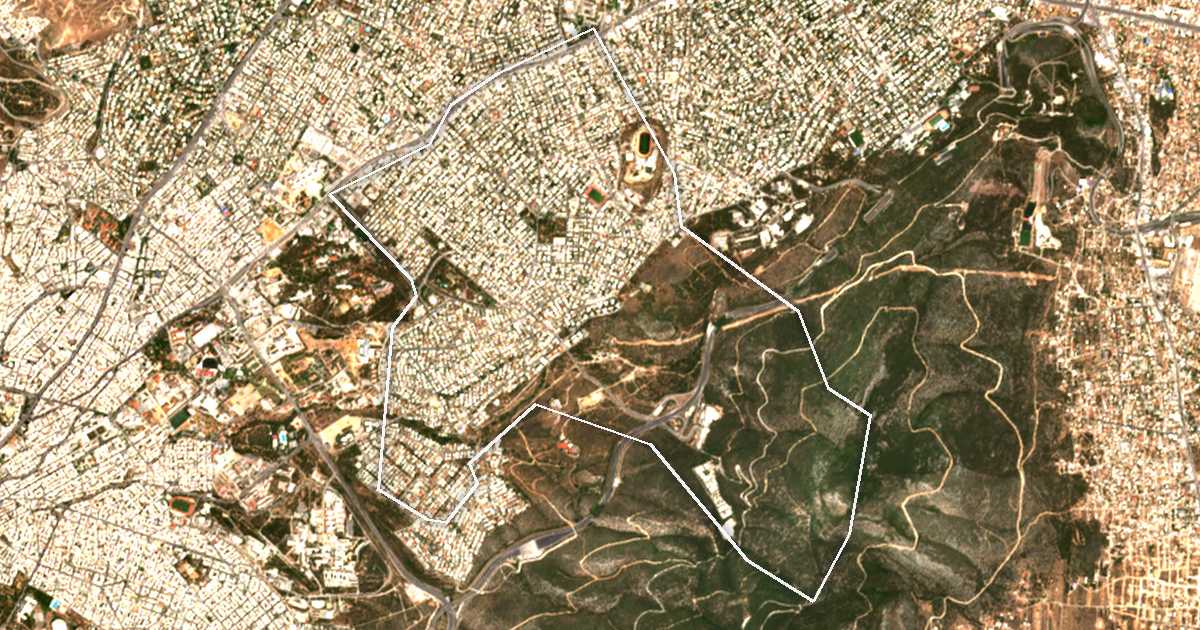 Image satellite avec la limite tracée: Papágou-Cholargós