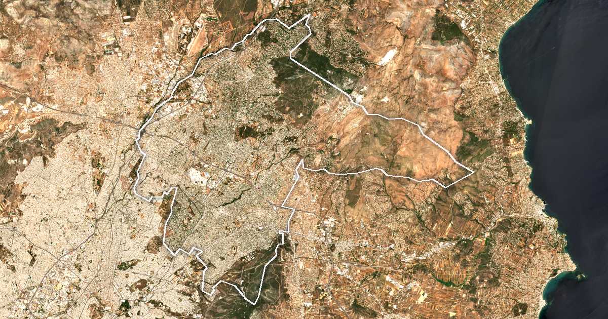 Image satellite avec la limite tracée: Athènes-Nord