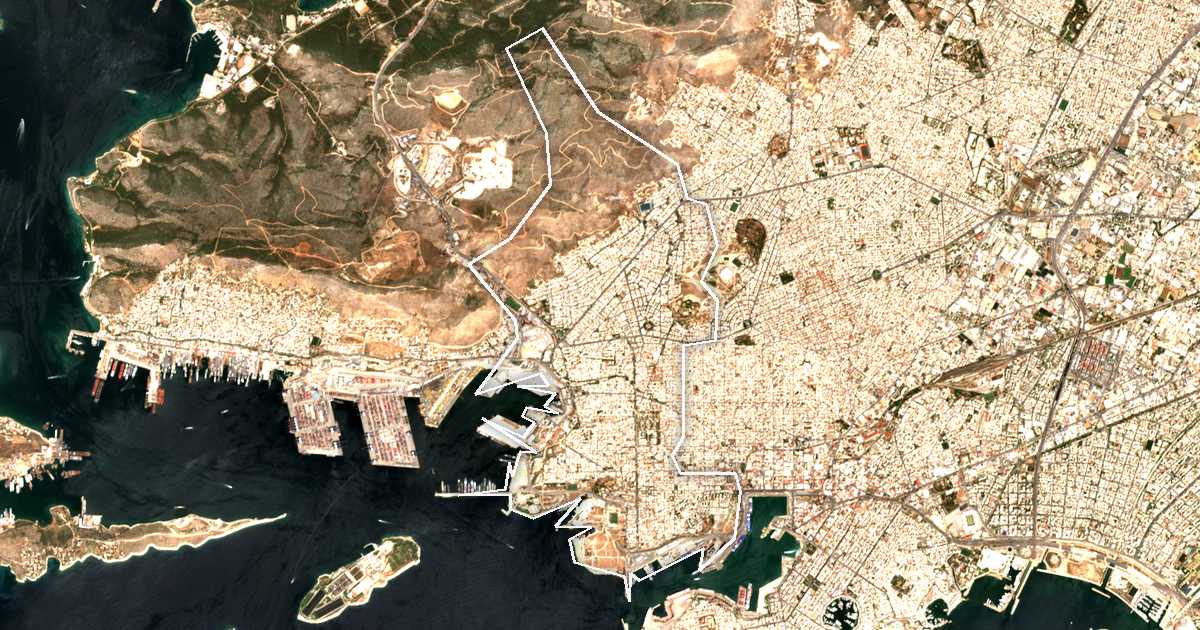Image satellite avec la limite tracée: Keratsíni-Drapetsóna