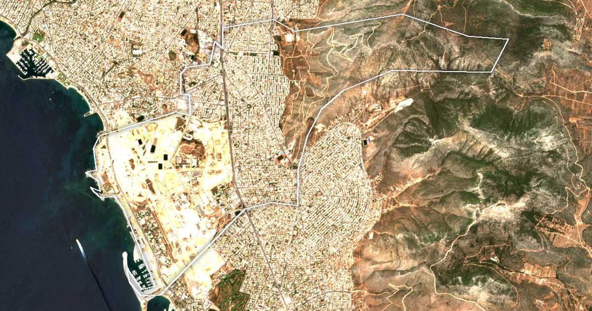 Image satellite avec la limite tracée: Ellinikó-Argyroúpoli