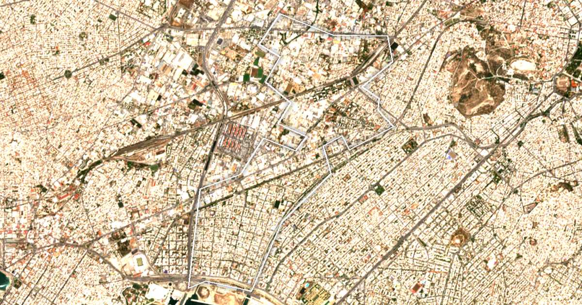 Image satellite avec la limite tracée: Moscháto-Távros