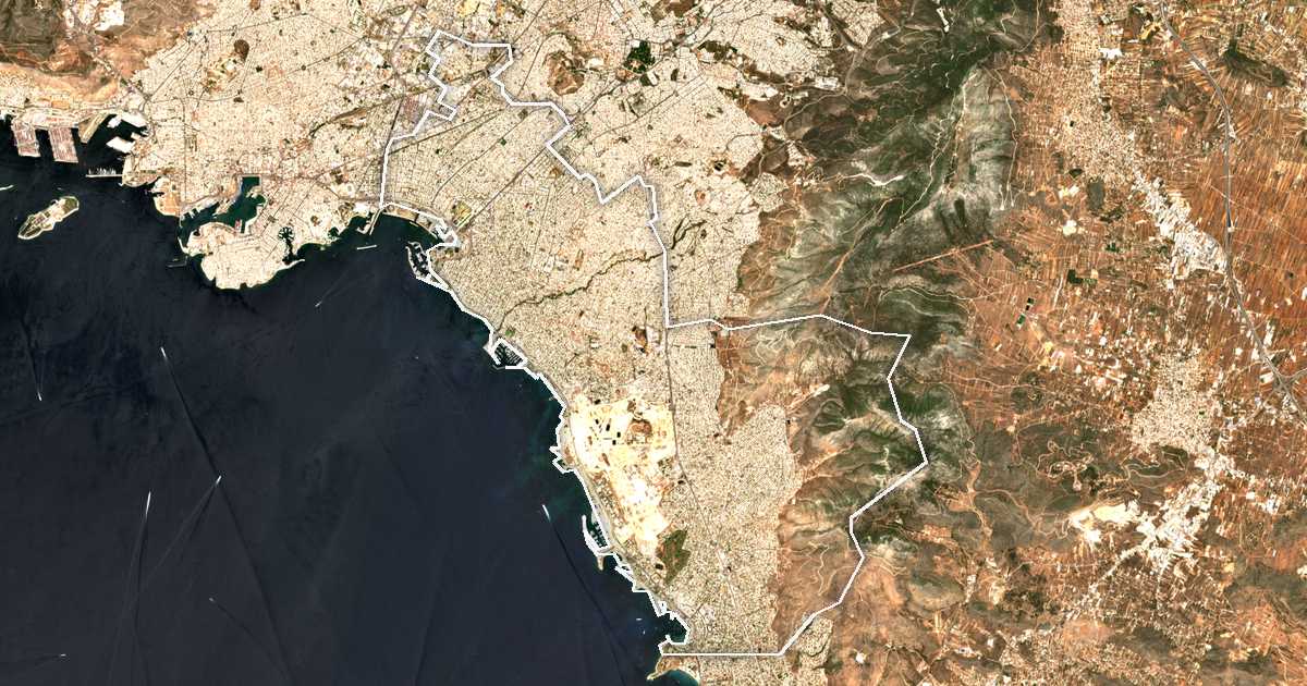 Image satellite avec la limite tracée: Athènes-Sud