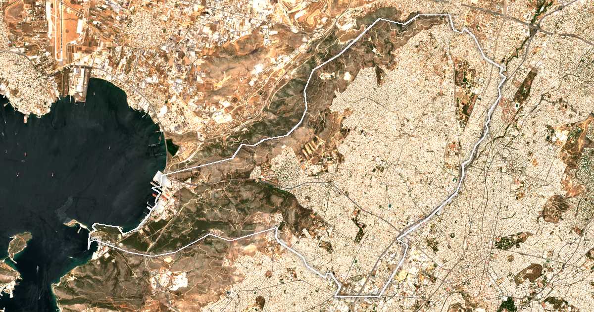 Image satellite avec la limite tracée: Athènes-Ouest