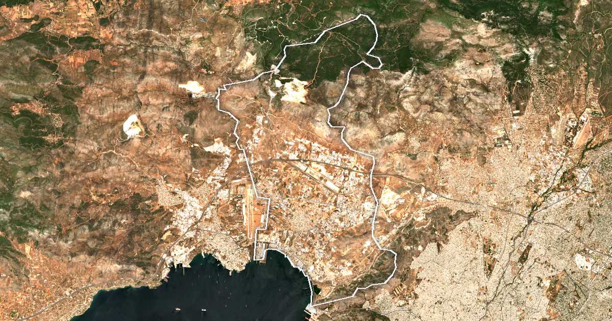 Image satellite avec la limite tracée: d'Asprópyrgos