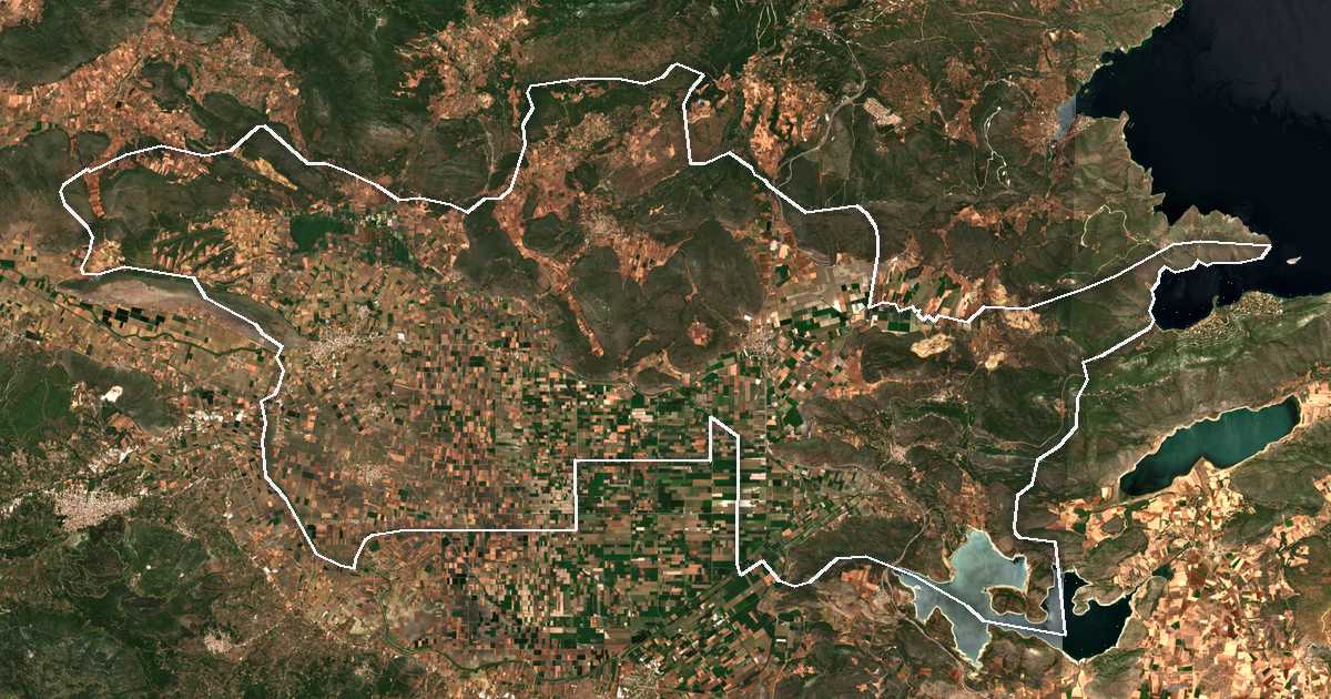 Image satellite avec la limite tracée: Orchomène