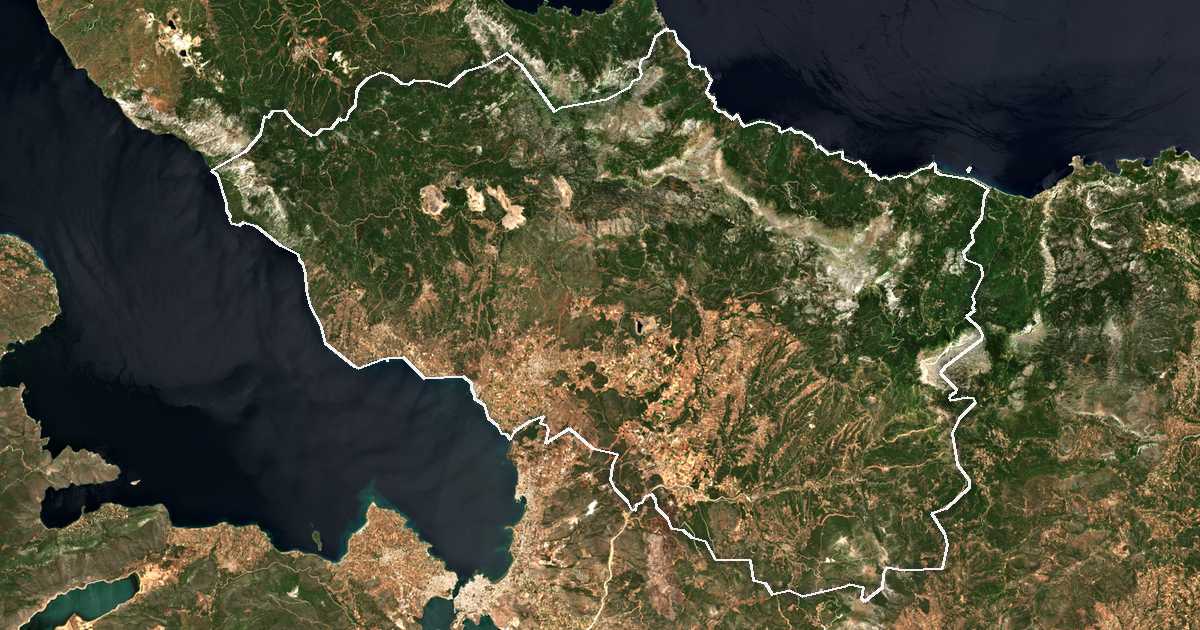 Image satellite avec la limite tracée: Dírfys-Messápia