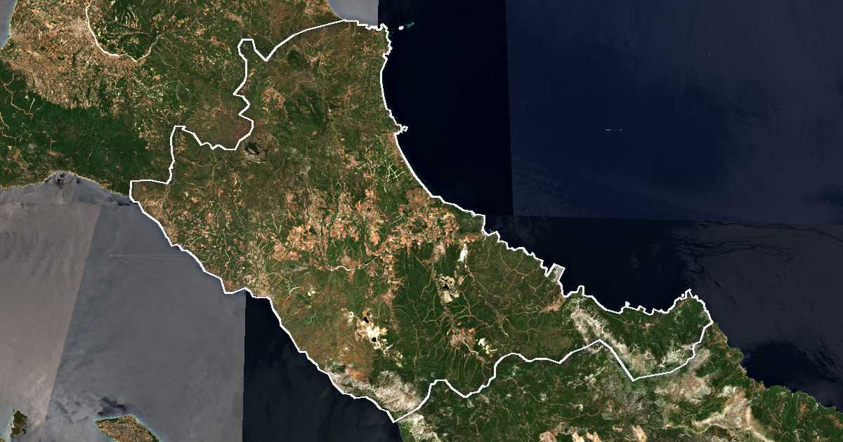 Image satellite avec la limite tracée: Mantoúdi-Límni-Agía Ánna
