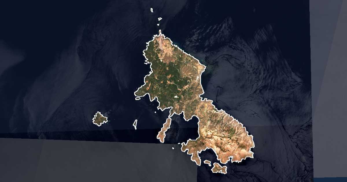 Image satellite avec la limite tracée: Skýros