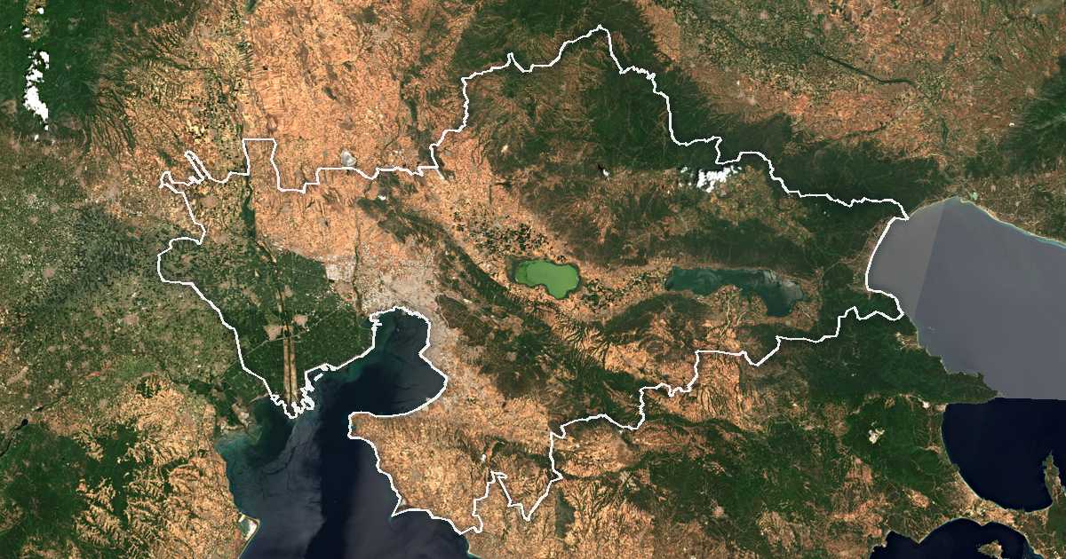 Image satellite avec la limite tracée: Thessalonique