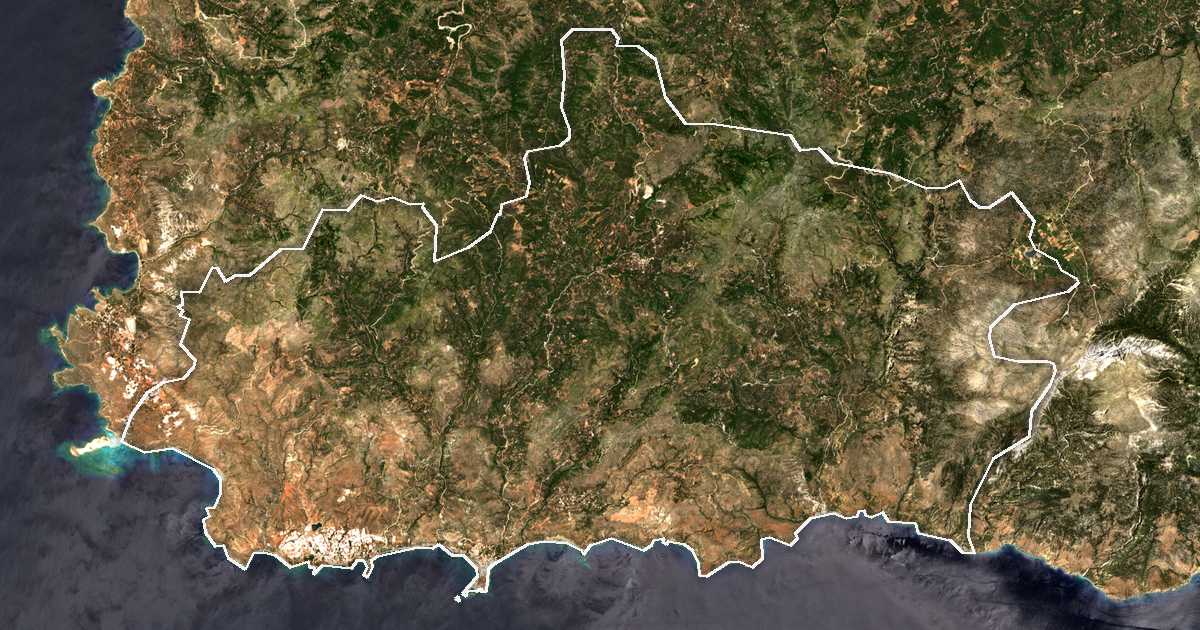 Image satellite avec la limite tracée: de Kándanos-Sélino