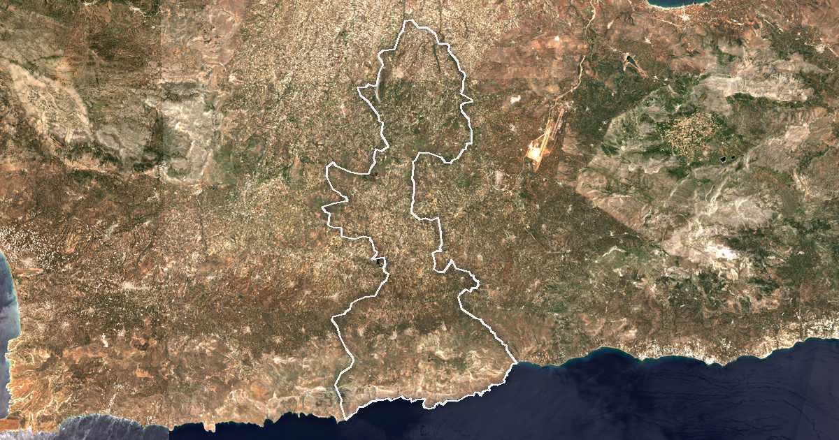 Image satellite avec la limite tracée: d'Archánes-Asteroússia