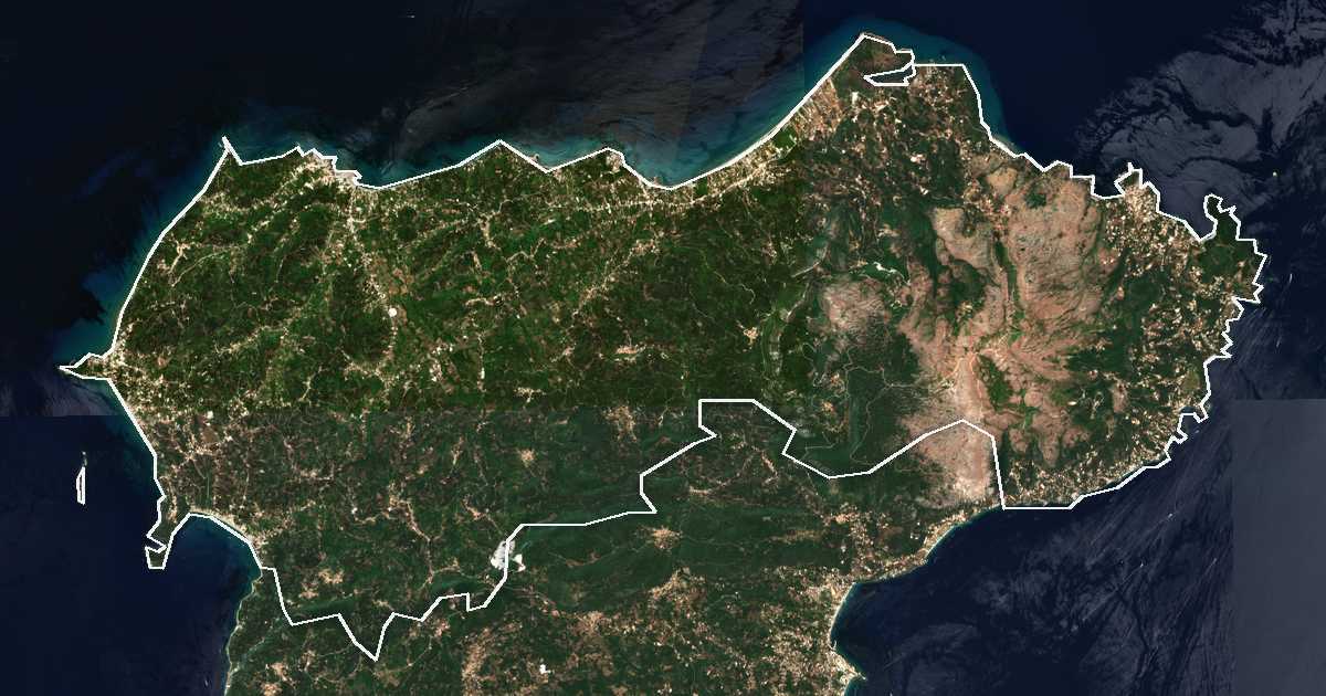 Image satellite avec la limite tracée: de Corfou-Nord