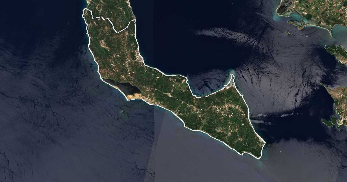 Image satellite avec la limite tracée: de Corfou-Sud