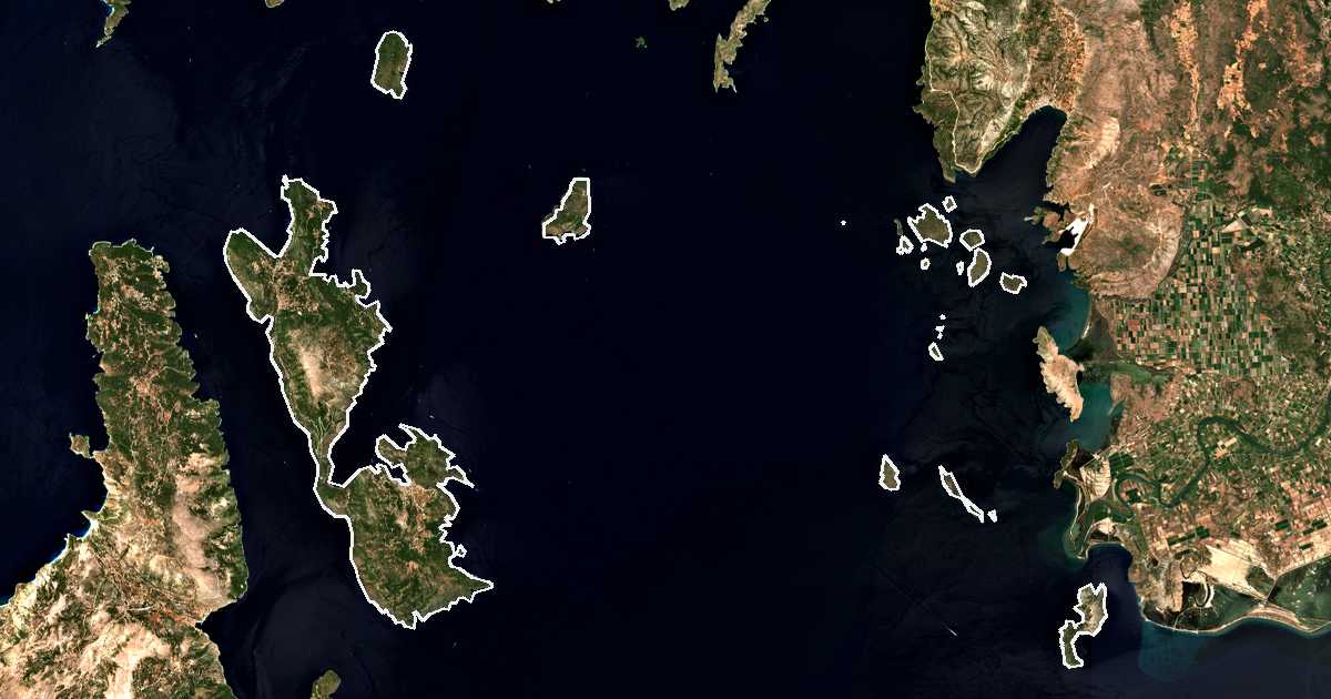Image satellite avec la limite tracée: Ithaque