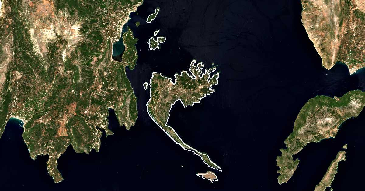 Image satellite avec la limite tracée: Méganisi