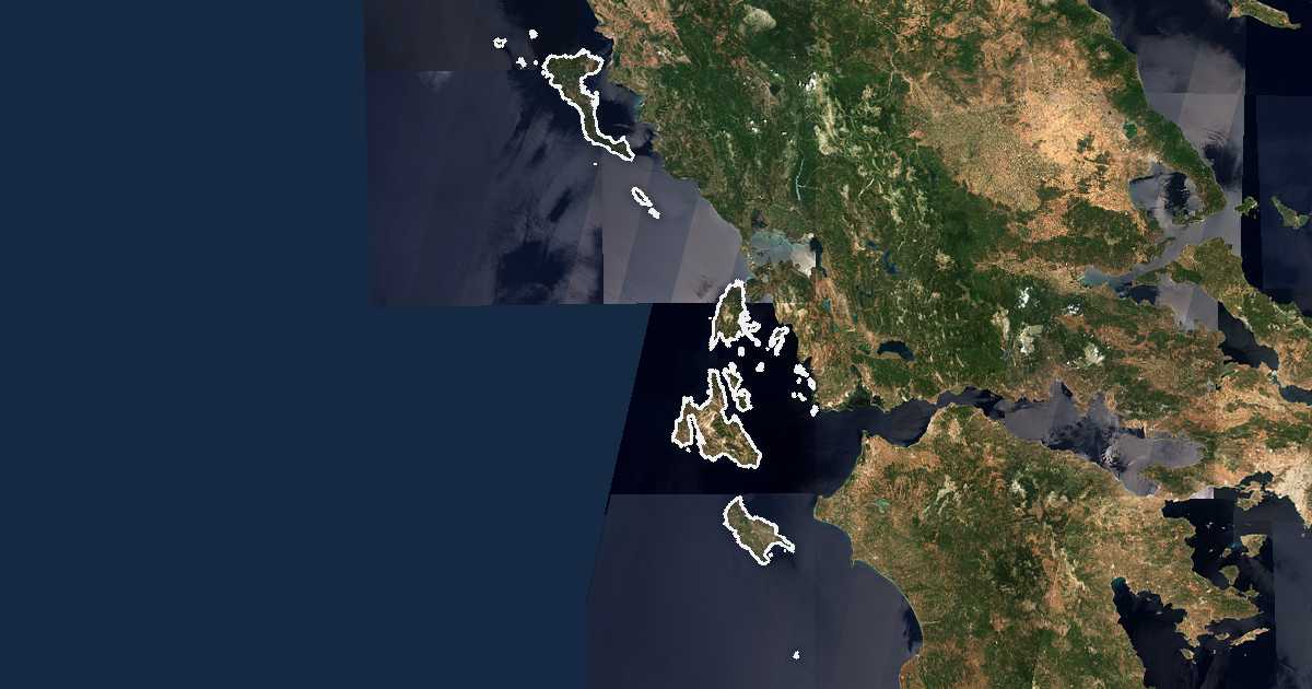 Image satellite avec la limite tracée: Îles Ioniennes