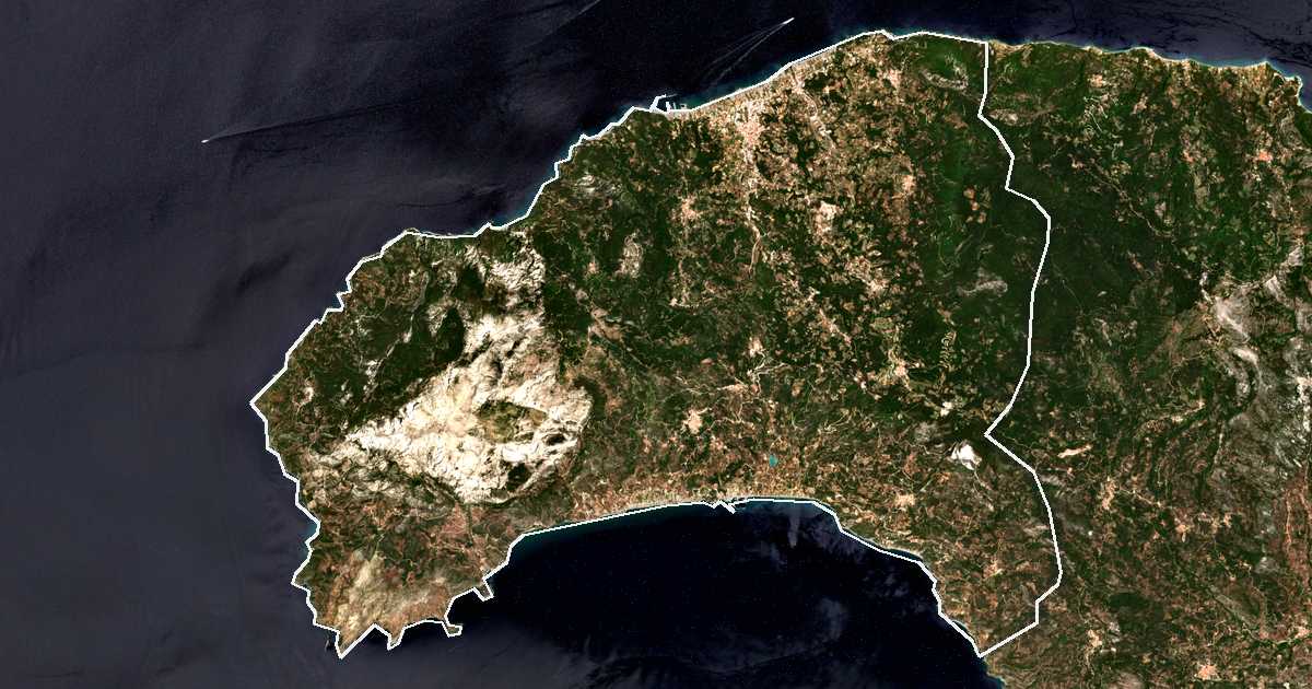 Image satellite avec la limite tracée: de Sámos-Ouest
