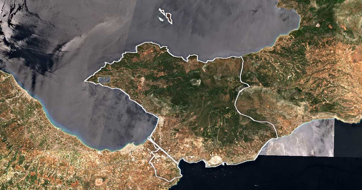 Image satellite avec la limite tracée: de Loutráki-Perachóra-Ágii Theódori
