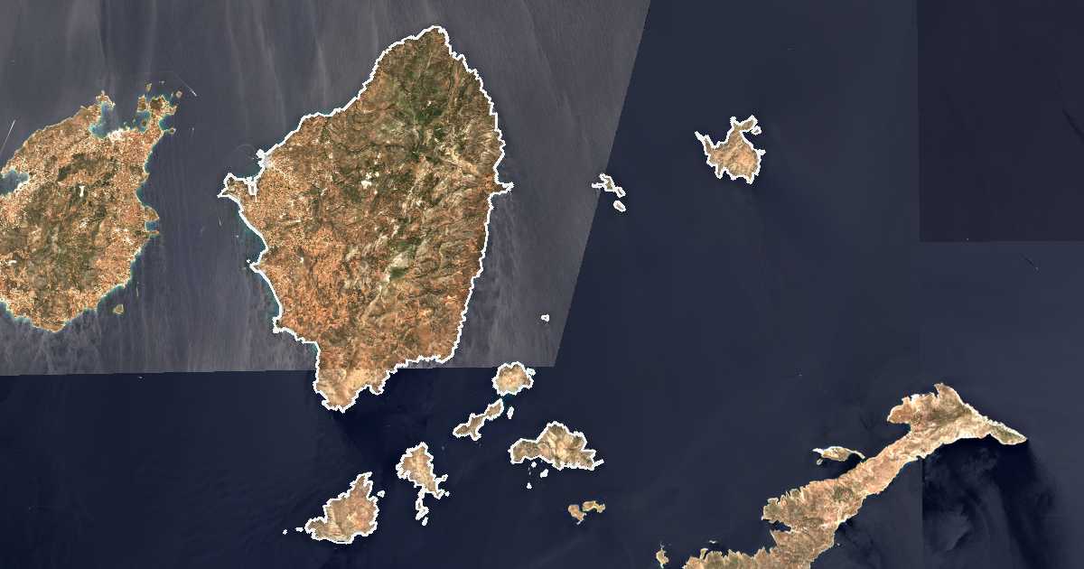 Image satellite avec la limite tracée: Náxos et Petites Cyclades