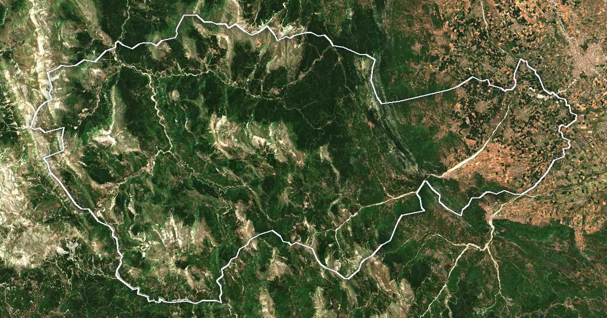 Image satellite avec la limite tracée: de Pýli