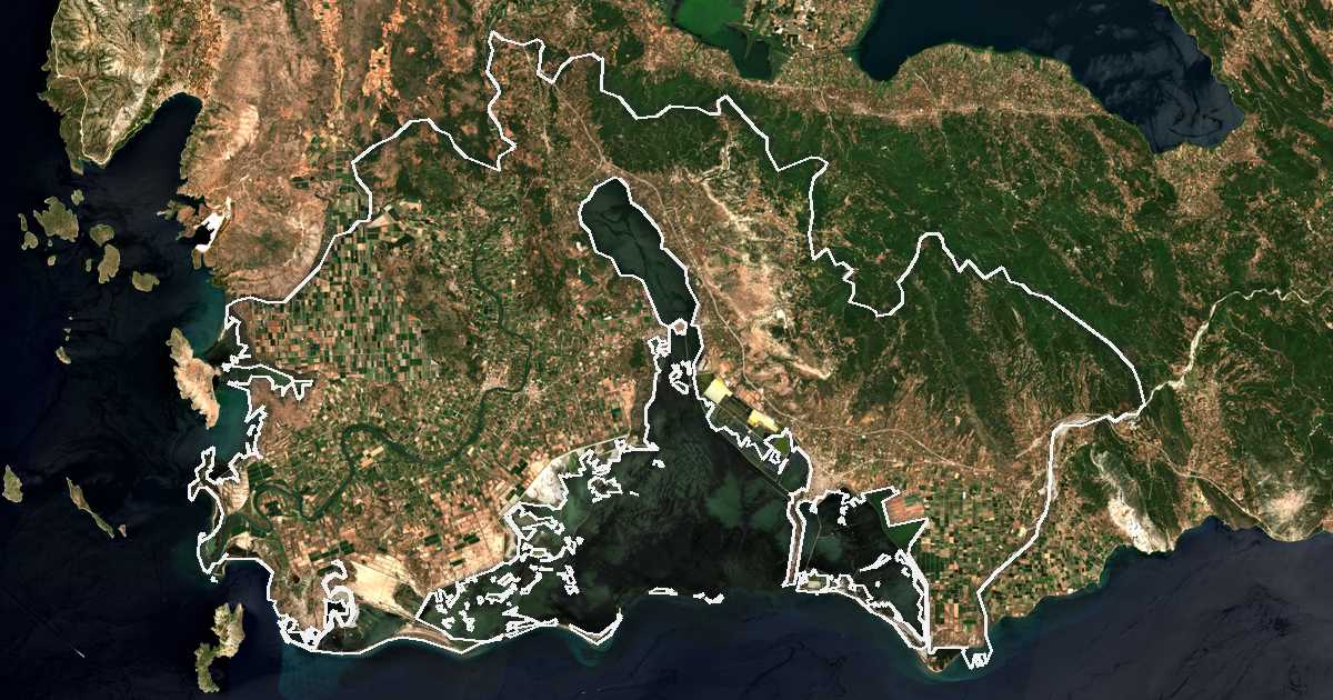 Image satellite avec la limite tracée: de la ville sainte de Missolonghi